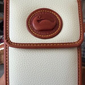 Dooney & Bourke Cream and Brown Leather Crossbody Pouch with Yellow Stitching